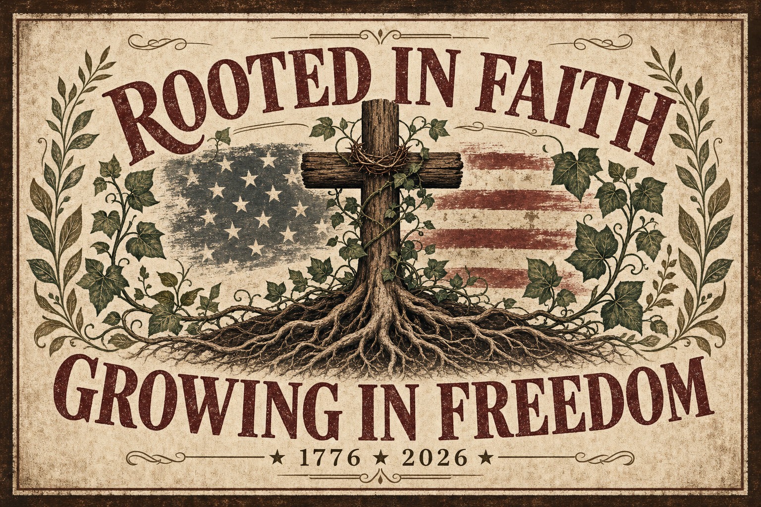 Rooted in Faith Growing in Freedom — 1776-2026 — 3x5 Pole Flag